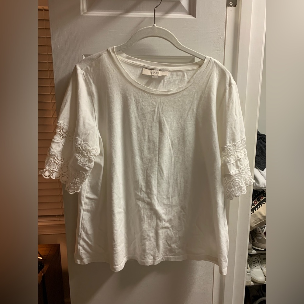 LOFT White Short Sleeve Tee with Eyelet Sleeves
